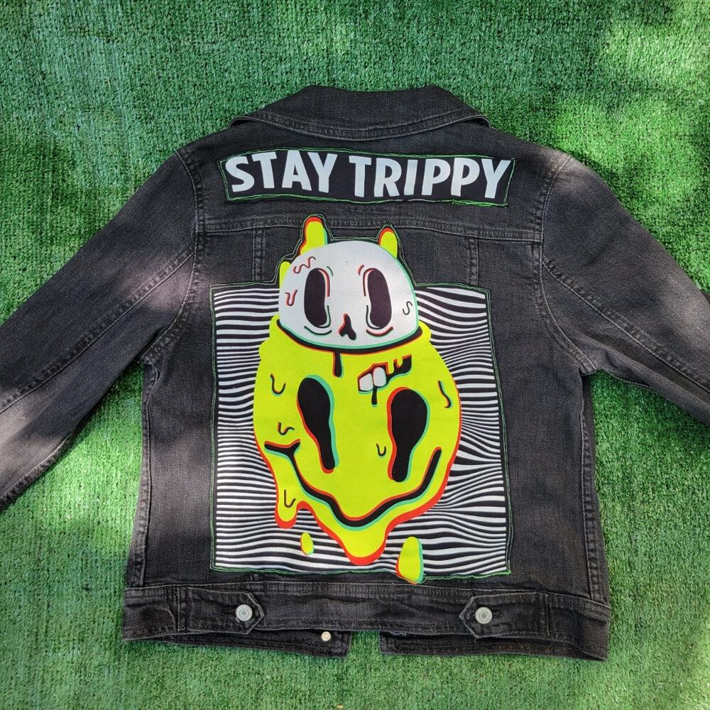 'Stay Trippy' Appliquéd Upcycled Jean Jacket